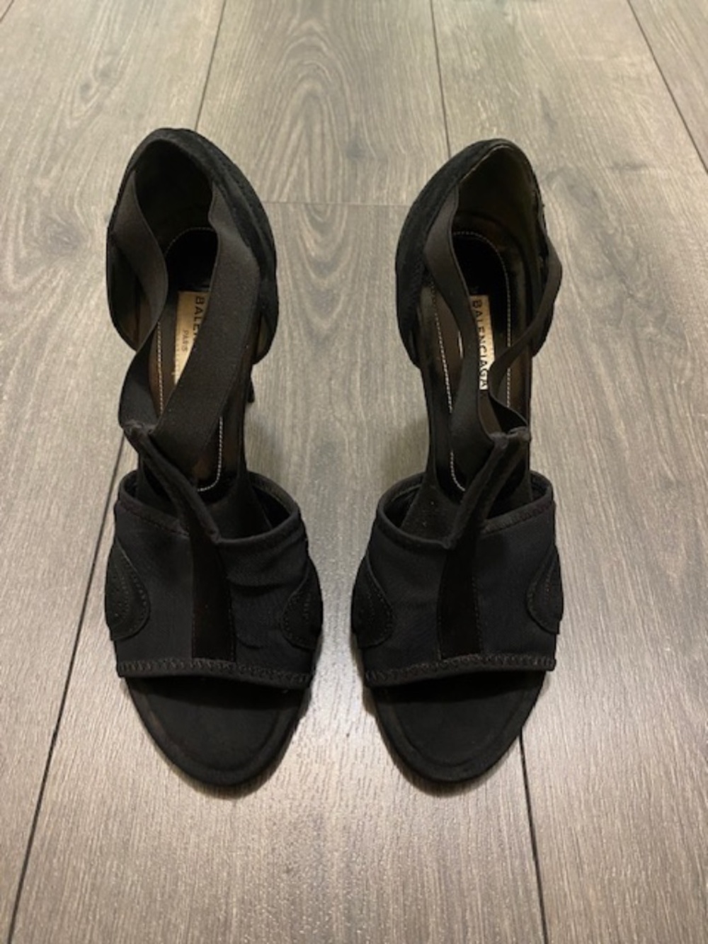 Balenciaga Black Suede T-Strap Open Toe Sandal Heels Size 8.5